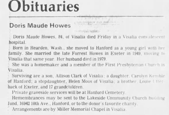 Doris Utterback Howes obituary 1989